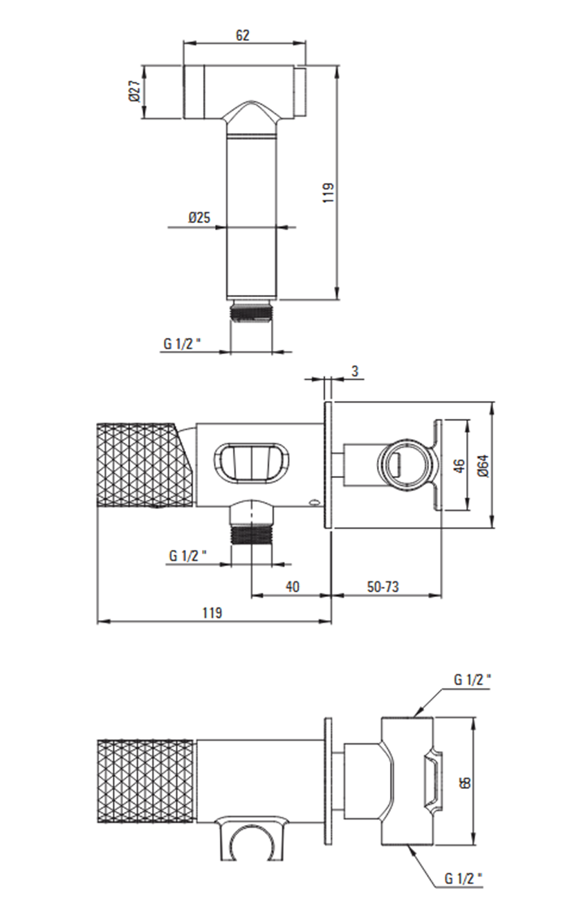 Bateria bidetowa podtynkowa ze słuchawką typu bidetta Deante Silia Hexa rysunek