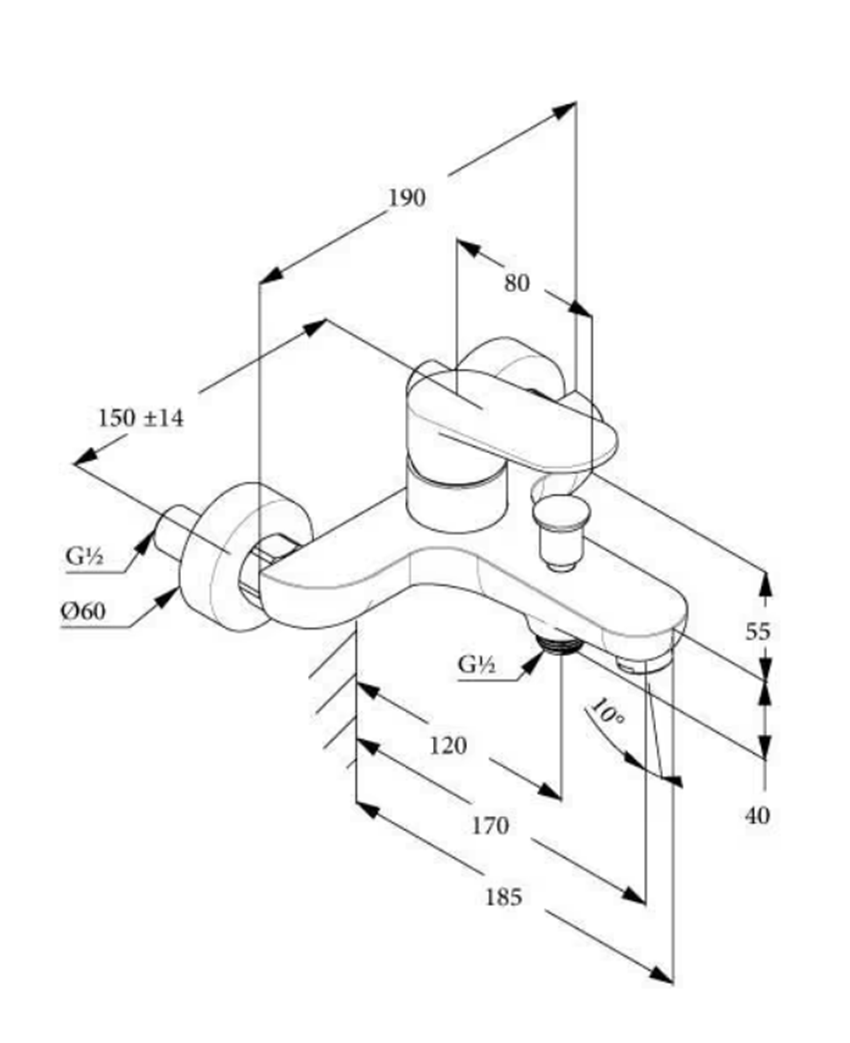 Bateria prysznicowo-wannowa Kludi X1 rysunek