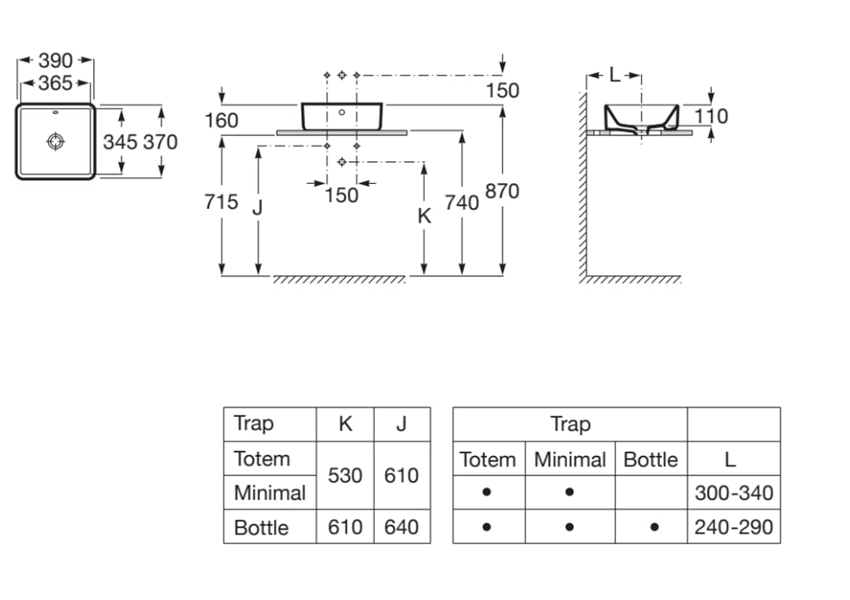 Umywalka nablatowa prostokątna z powłoką Superglaze 39x37 cm biała Roca Gap rysunek
