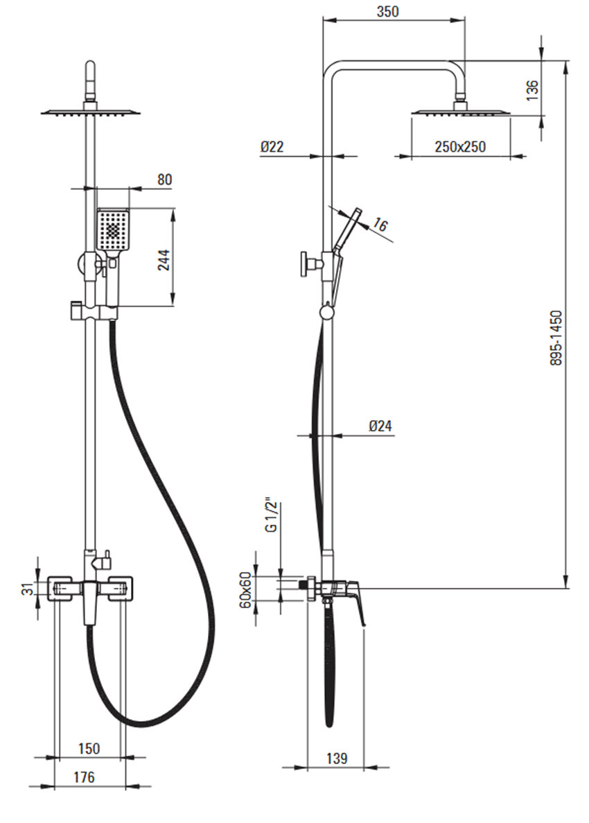 Zestaw prysznicowy z baterią i deszczownicą Deante Blur rysunek