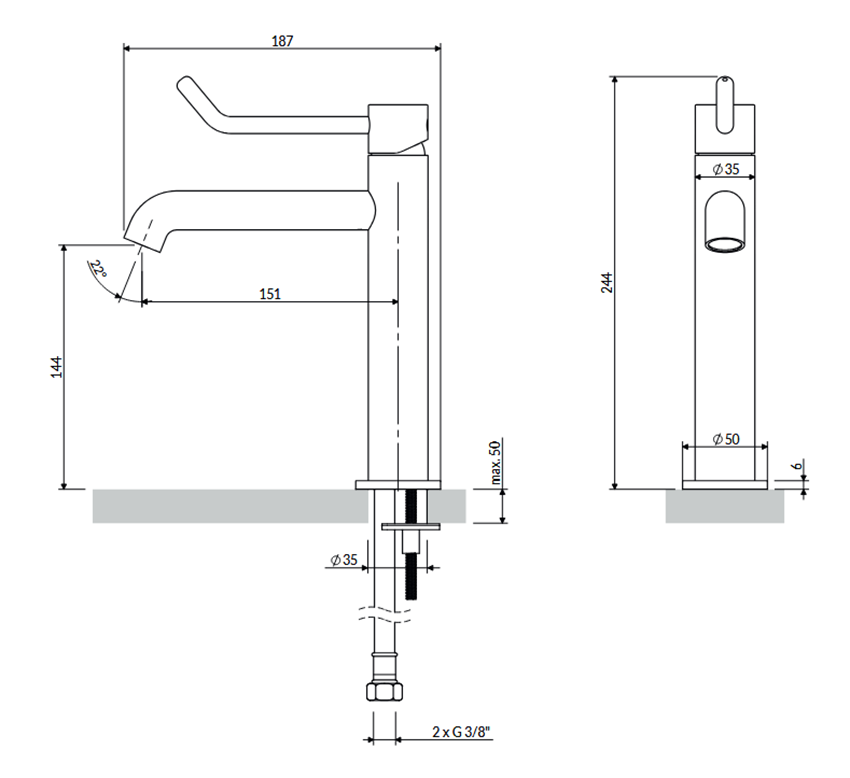 Bateria umywalkowa 23 cm głowica 25 mm Omnires Y Inclusive Design rysunek