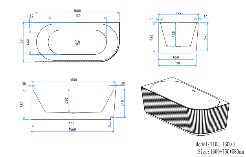 Wanna narożna przyścienna akrylowa ze zintegrowaną obudową lewa 160x75x58 cm IÖ Atena rysunek