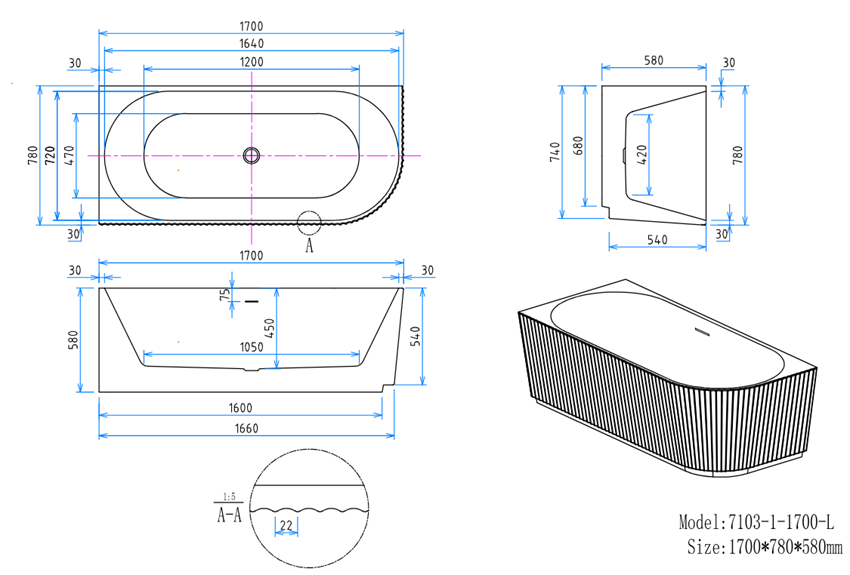Wanna narożna przyścienna akrylowa ze zintegrowaną obudową lewa 170x78x58 cm IÖ Atena rysunek