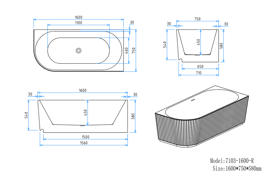 Wanna narożna przyścienna akrylowa ze zintegrowaną obudową prawa 160x75x58 cm IÖ Atena rysunek