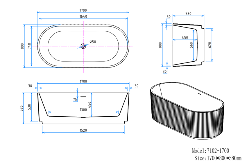 Wanna wolnostojąca 170x80x58 cm biała IÖ Atena rysunek