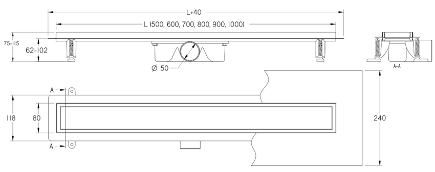 Odwodnienie liniowe z rusztem uniwersalnym 60 cm IÖ Nord Slim rysunek