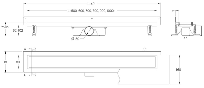 Odwodnienie liniowe przyścienne z rusztem uniwersalnym IÖ Nord Slimg rysunek