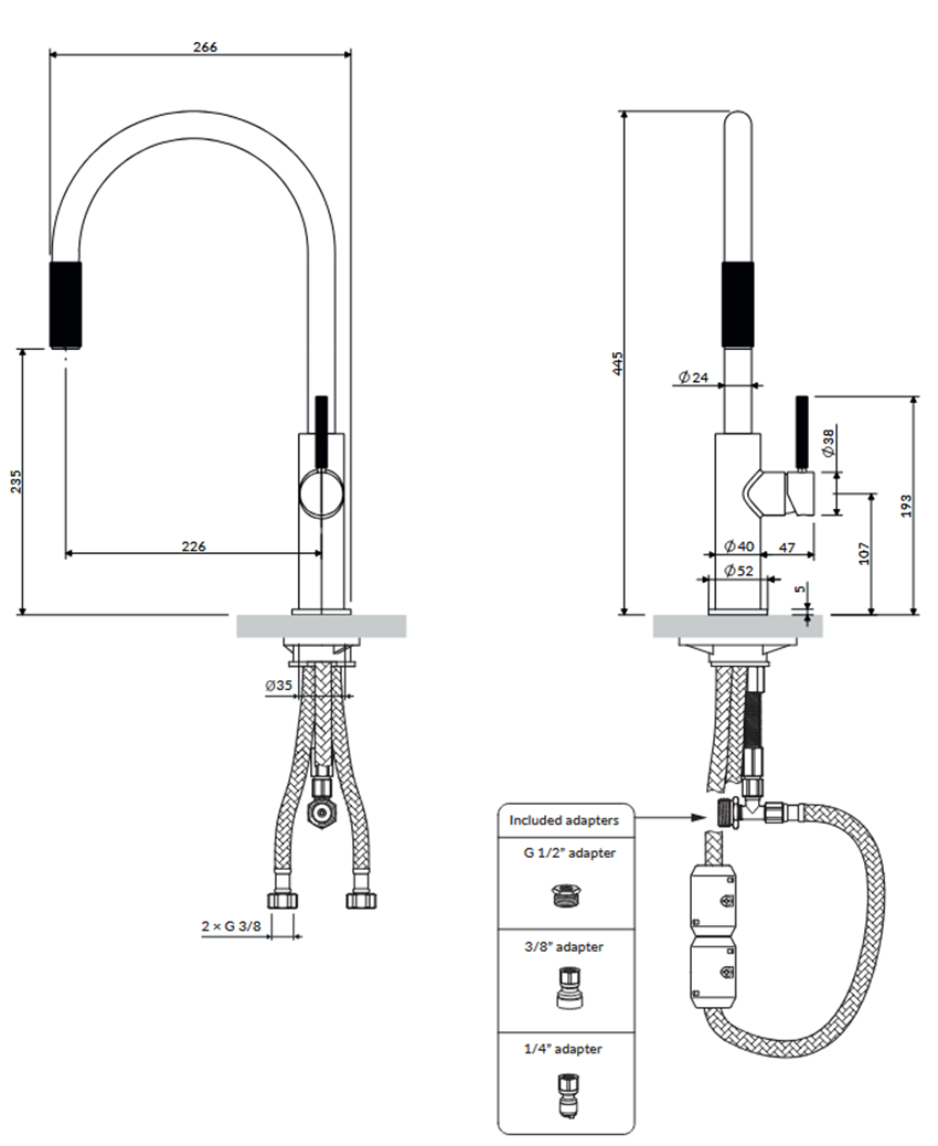 Bateria kuchenna z wyciąganą wylewką do podłączenia zestawu filtrującego Omnires Switch rysunek