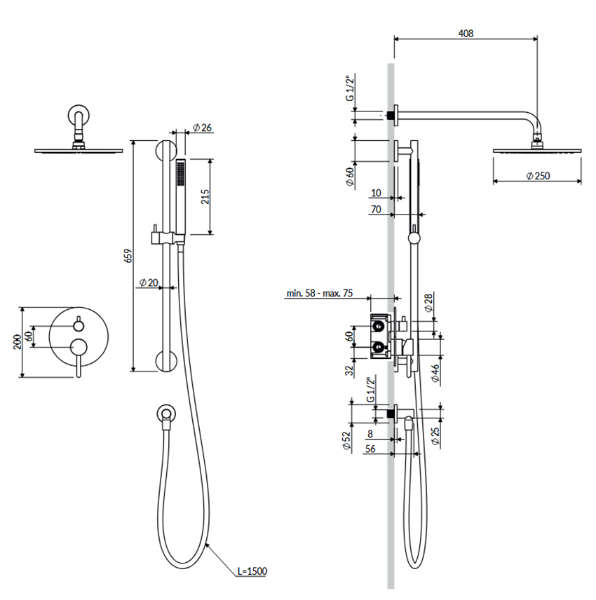 Zestaw prysznicowy podtynkowy z baterią 2-wyjściowy Omnires Y rysunek
