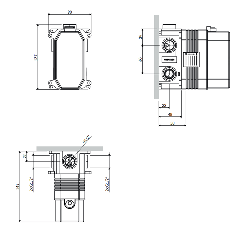 Element podtynkowy baterii prysznicowo-wannowej 3-wyjściowej Omnires Box rysunek