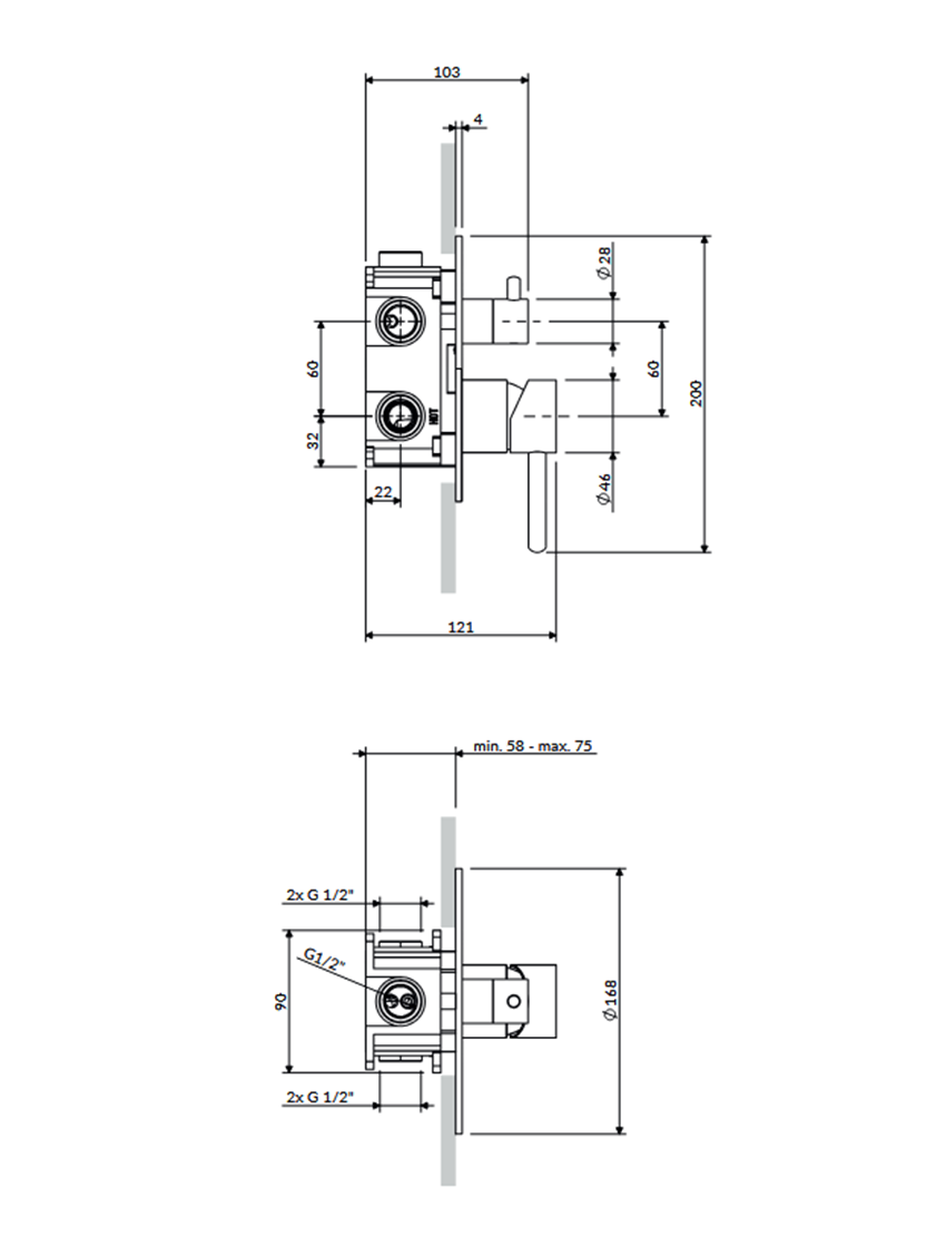 Element natynkowy baterii prysznicowo-wannowej 3-wyjściowej Omnires Y rysunek