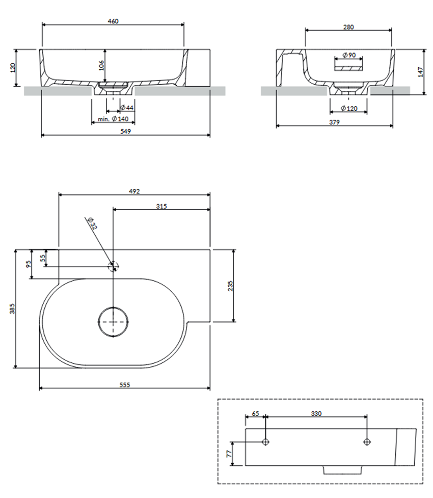 Umywalka nablatowa/wisząca - prawa 55x38 cm Omnires Ovo rysunek