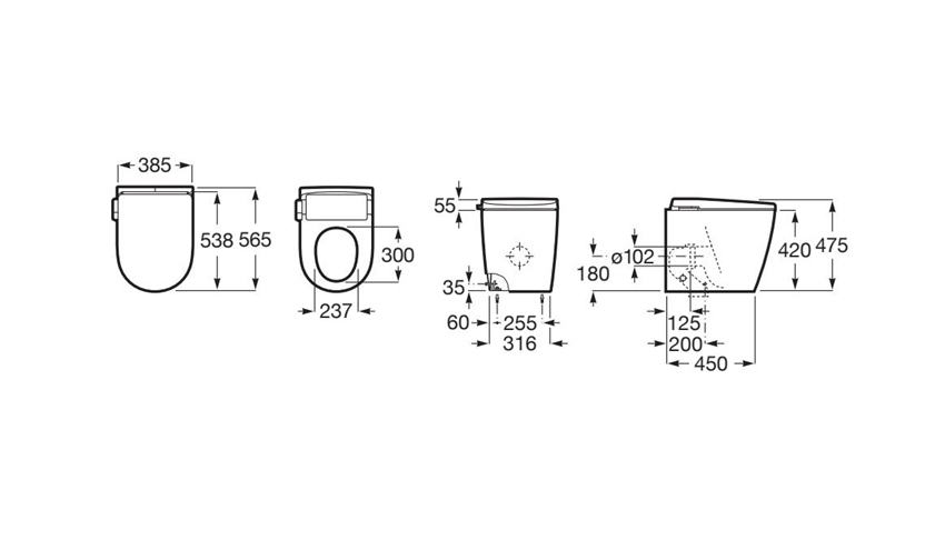 Miska WC stojąca ze zintegrowanym zbiornikiem In-Tank® zewnętrzne podłączenie wody z deską 56,5 cm, biała Roca Avant rysunek