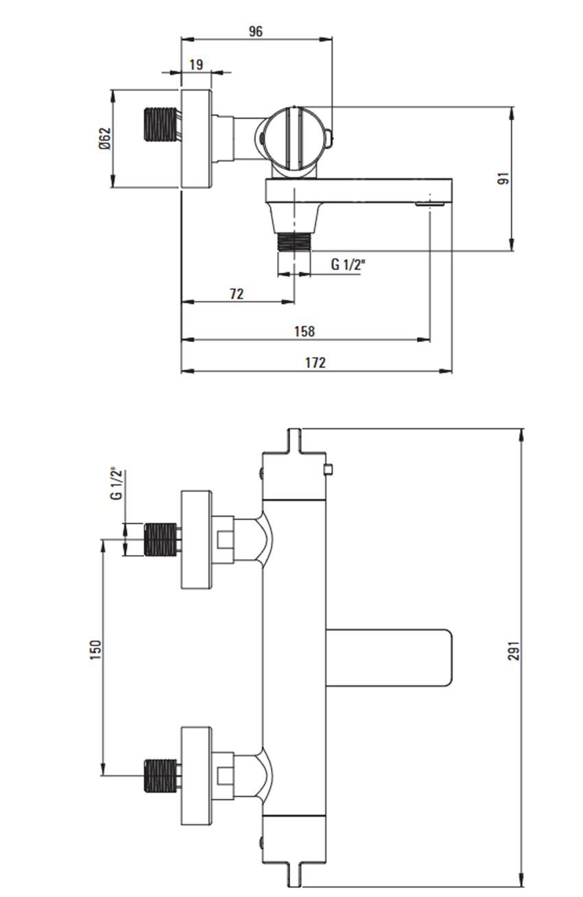Bateria wannowa ścienna termostatyczna ze składaną wylewką bez zestawu natryskowego Deante Therm rysunek