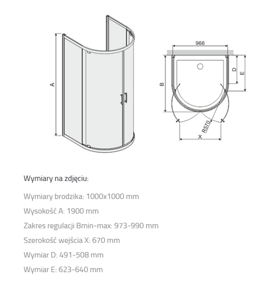 Kabina prysznicowa przyścienna półokrągła szkło przezroczyste profile srebrne matowe 100x100x190 cm Sanplast TX rysunek