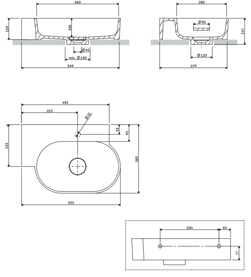 Umywalka nablatowa/wisząca - lewa 55x38 cm biały połysk Omnires Ovo rysunek