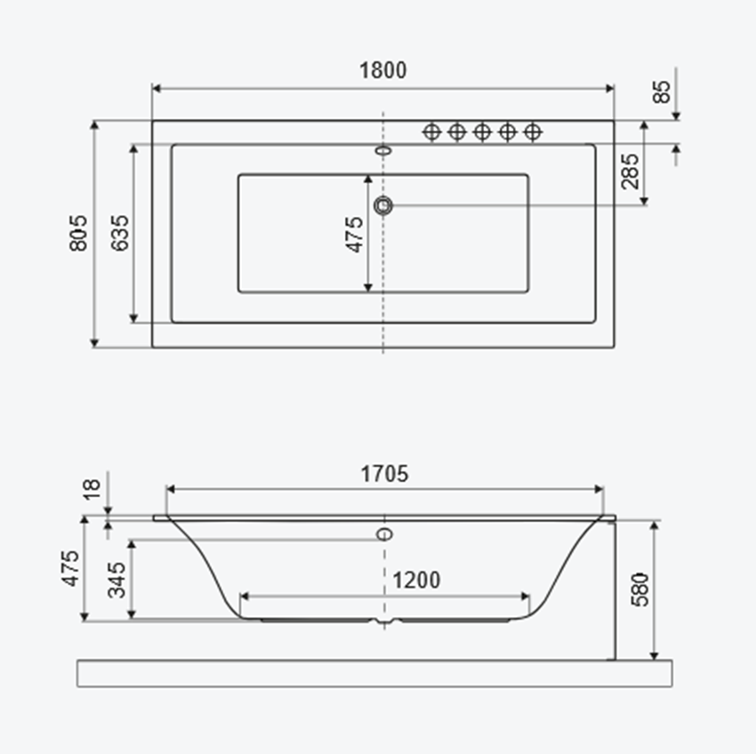 Wanna prostokątna 180x80,5 cm Excellent Pryzmat Slim rys