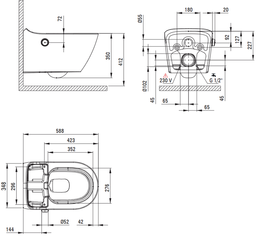 Miska WC smart z deską automatyczną, bezkołnierzowa 35 cm biała Deante Silia rysunek