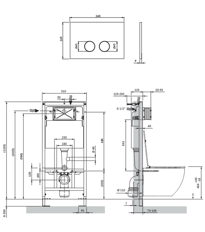 Strongframe stelaż podtynkowy do miski toaletowej + Steel-R45 przycisk spłukujący ze stali nierdzewnej Omnires Flush Set rysuenk
