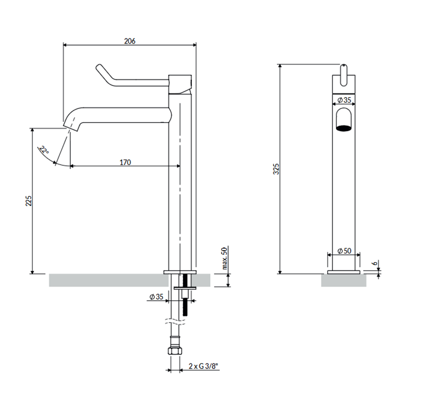 Bateria umywalkowa 33 cm Omnires Y Inclusive Design rysunek