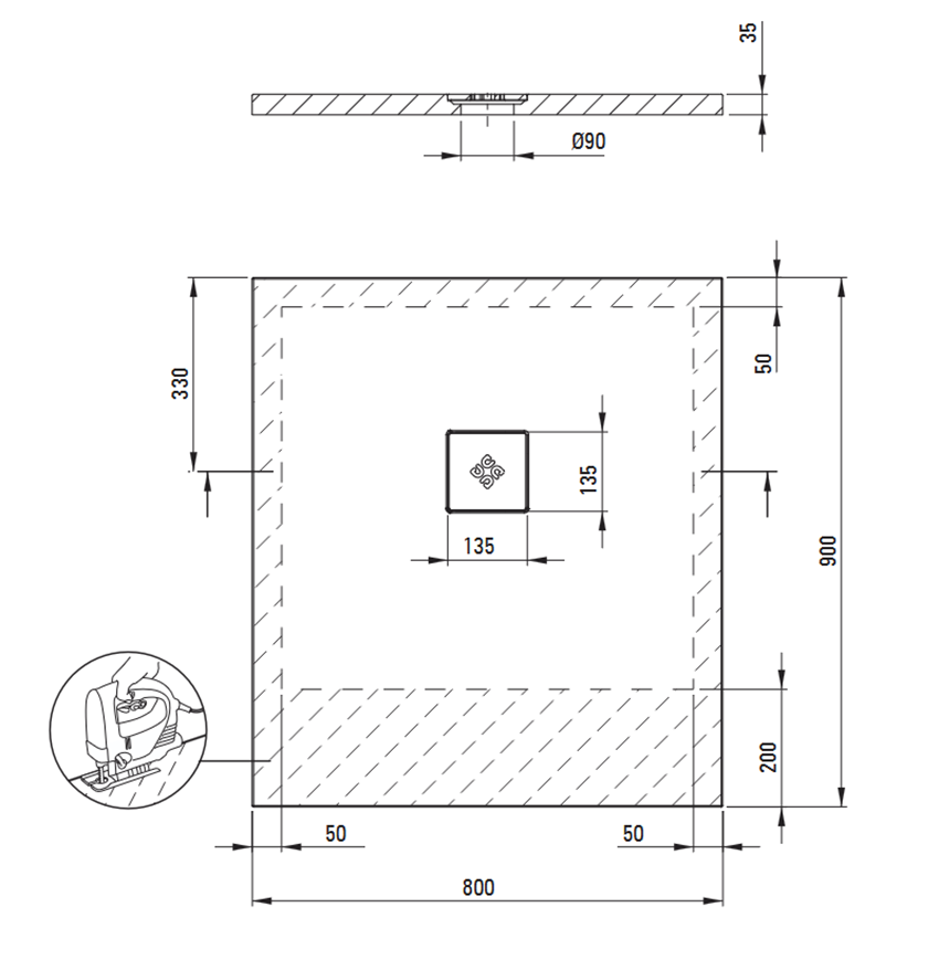 Brodzik prostokątny akrylowy 90x80 cm biały Deante Silia rysunek