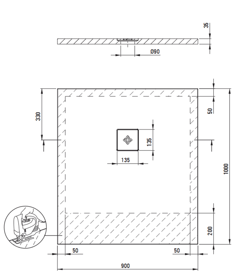 Brodzik prostokątny akrylowy 100x90 cm biały Deante Silia rysunek