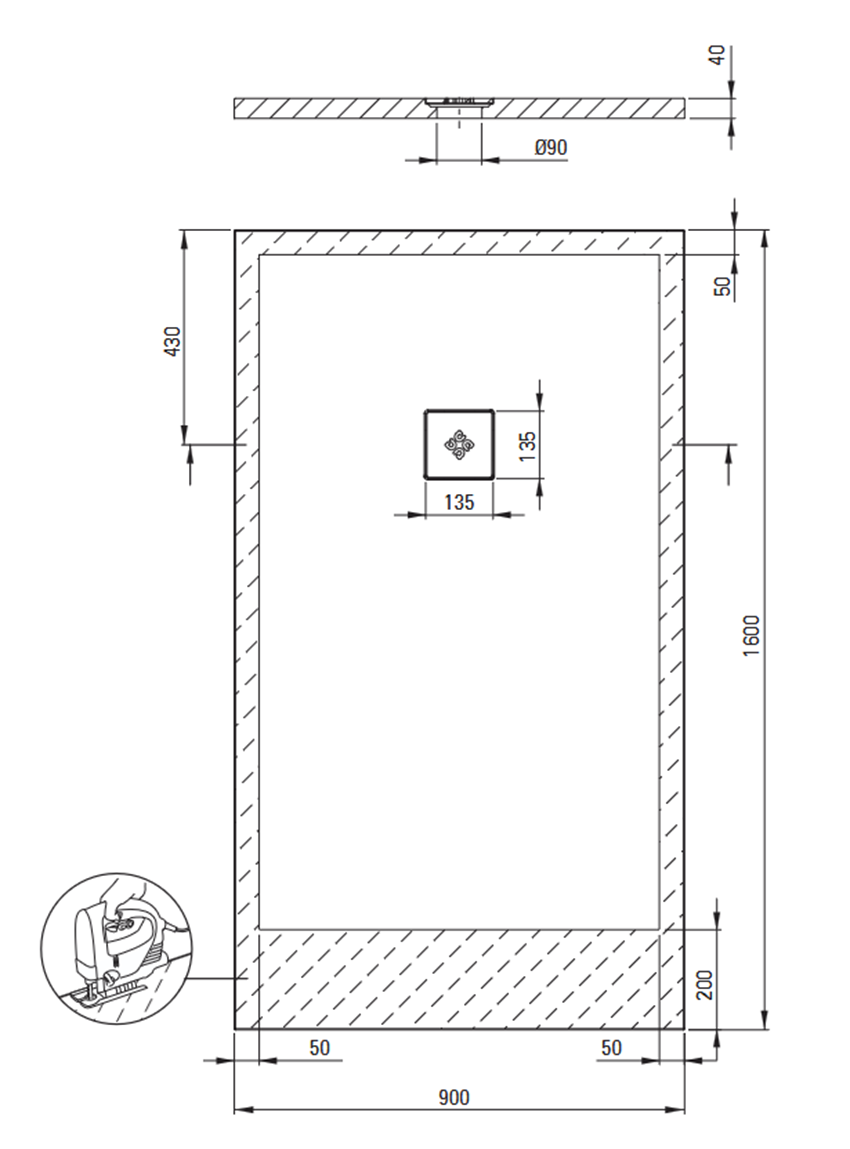 Brodzik prostokątny akrylowy 160x90 cm biały Deante Silia rysunek