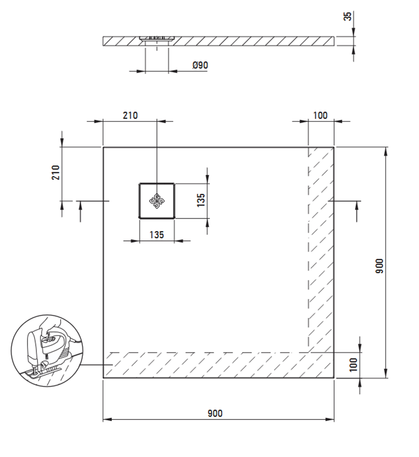 Brodzik kwadratowy akrylowy 90x90 cm biały Deante Silia rysunek