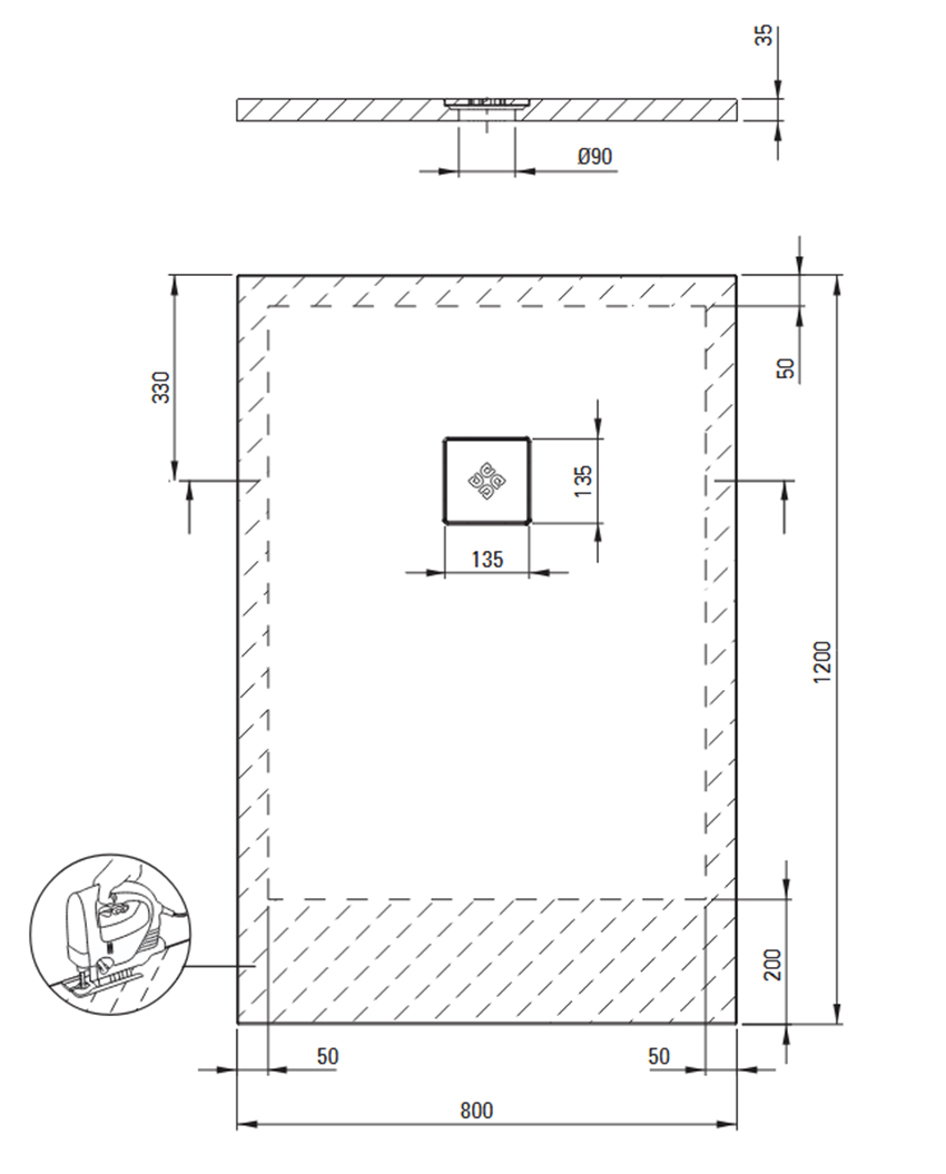Brodzik prostokątny akrylowy 120x80 cm biały Deante Silia rysunek