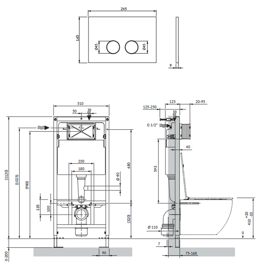 Strongframe Eco stelaż podtynkowy do miski toaletowej z funkcją oszczędnego spłukiwania + Steel-R45 przycisk spłukujący ze stali nierdzewnej Omnires Flush Set Eco rysunek