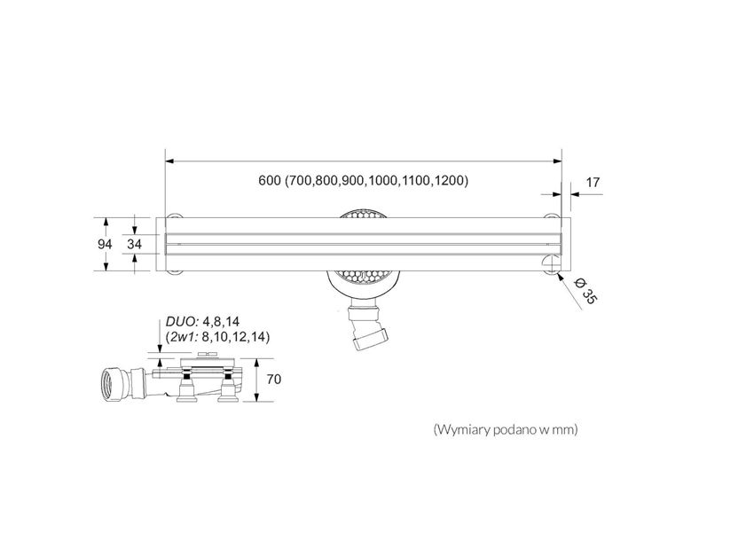 Odpływ liniowy 80x3,5x7 cm czarny Schedpol Slim Range Low rysunek
