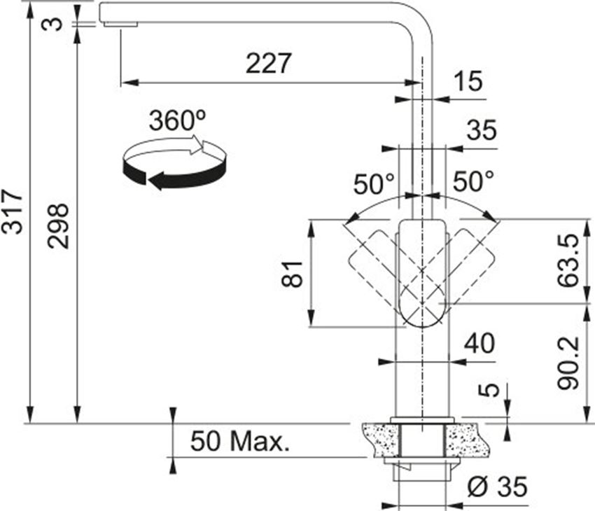 Bateria kuchenna Franke Mythos 115.0550.441 rys techniczny