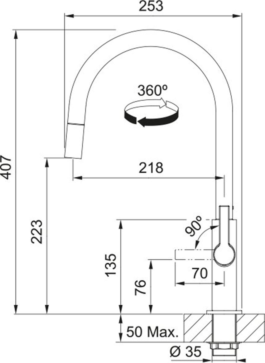 Bateria kuchenna Franke Maris Slim J pull-out 115.0728.389 rys techniczny
