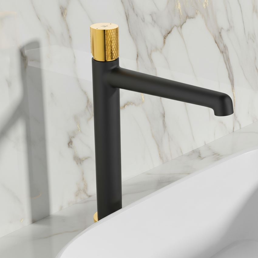 Bateria umywalkowa wysoka stojąca korek klik-klak czarno-złota IÖ Vida