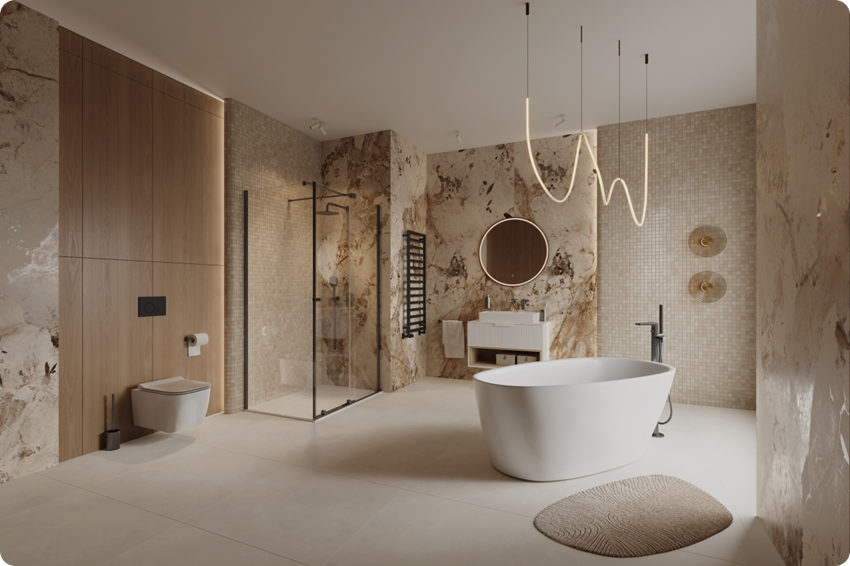Łazienka z wanną wolnostojącą w kamieniu i mozaice