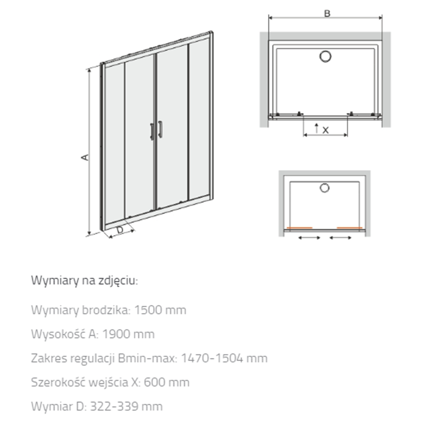 Drzwi prysznicowe Sanplast TX 600-271-1250-01-401 rys techniczny