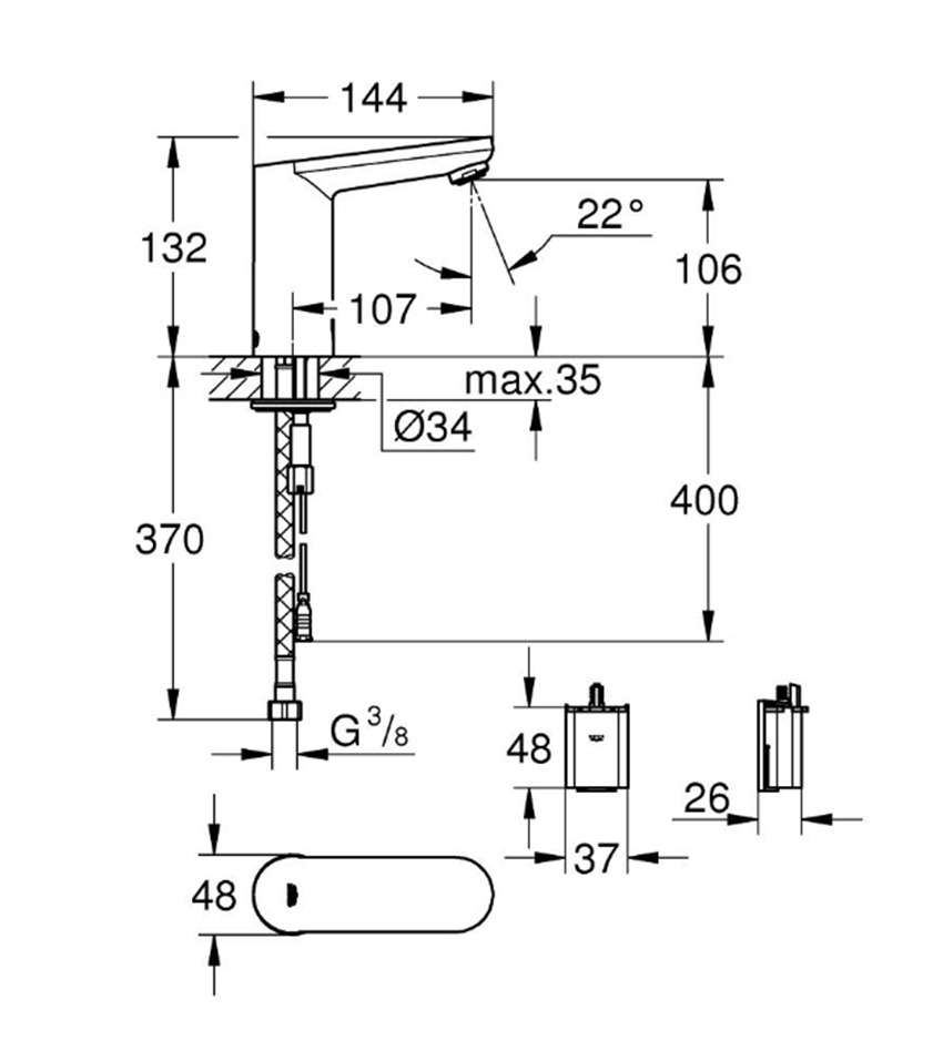 Bateria umywalkowa Grohe Eurosmart Cosmopolitan E 36330001 rys techniczny