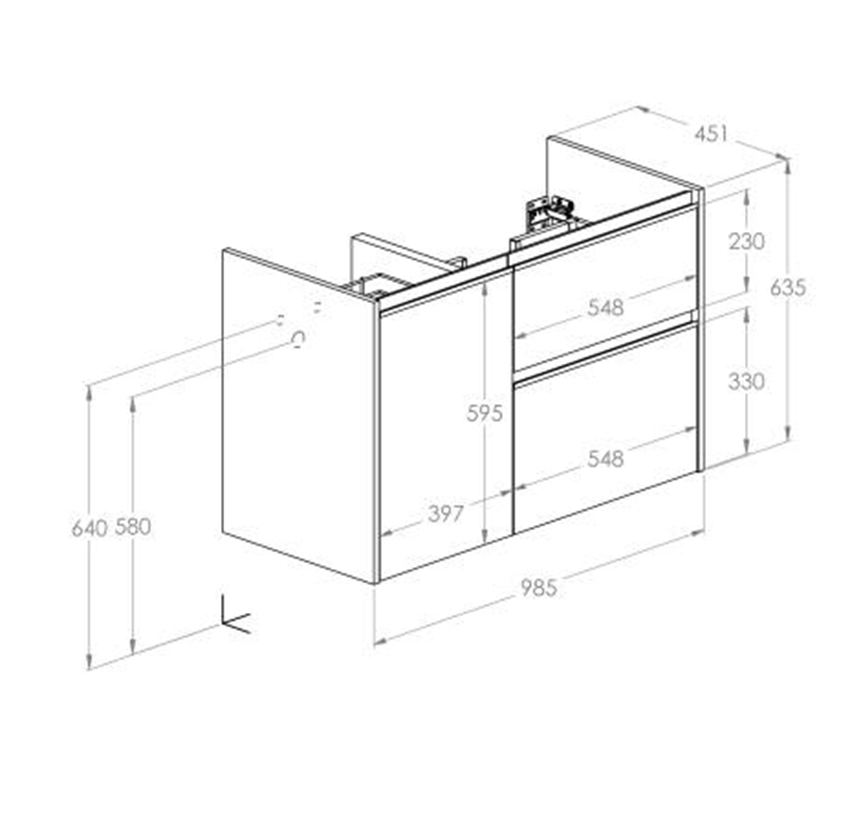 Szafka łazienkowa 100 cm z 2 szufladami i koszem cargo wersja prawa Roca Gap Pro rysunek