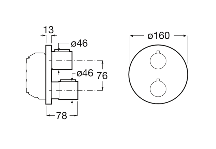 Element zewnętrzny termostat baterii wannowej lub natryskowej  Roca T-1000 rysunek techniczny