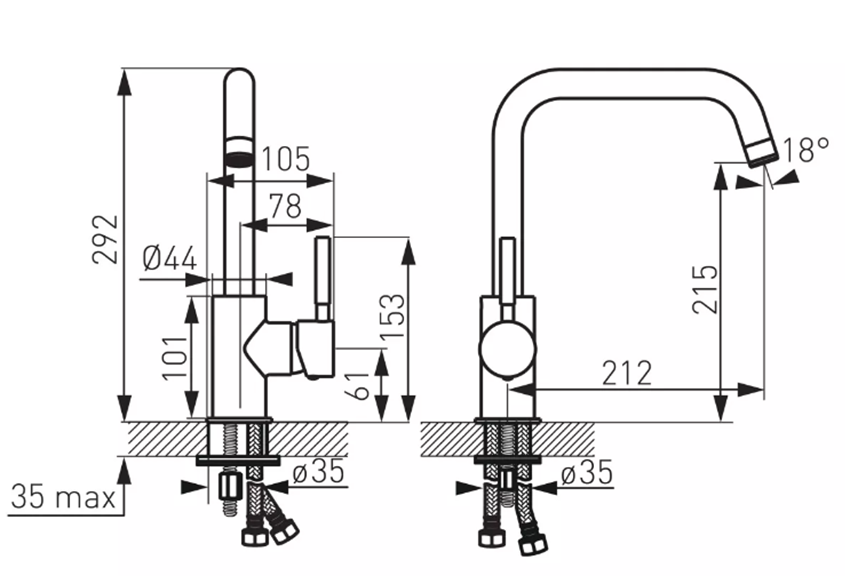 Bateria zlewozmywakowa Ferro Ratio BTI4 rys techniczny