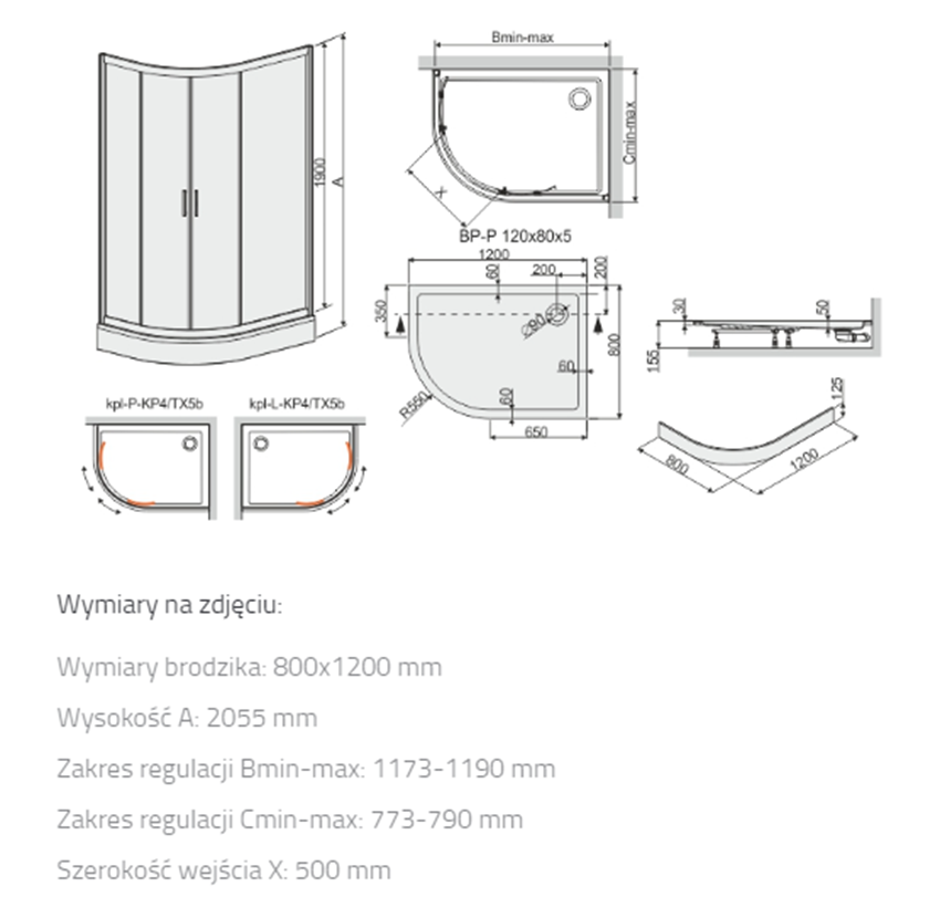 Kabina prysznicowa z brodzikiem Sanplast TX 602-271-0340-38-401 rys techniczny