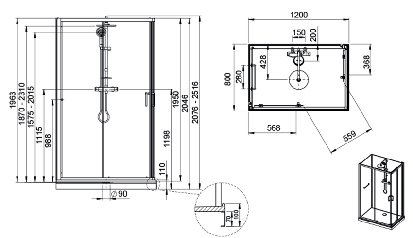 Kabina Sanplast Classic II Mineral 602-011-0072-38-4S1 rys techniczny