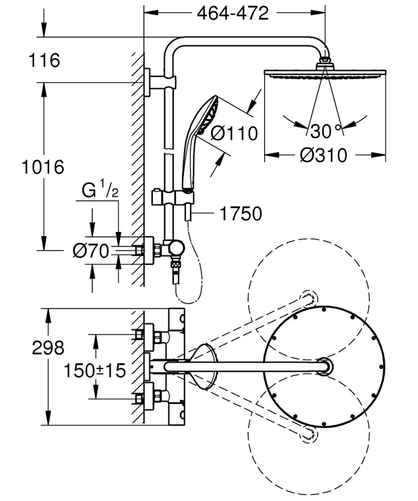 System prysznicowy z termostatem do montażu ściennego Grohe Euphoria System 310 rysunek