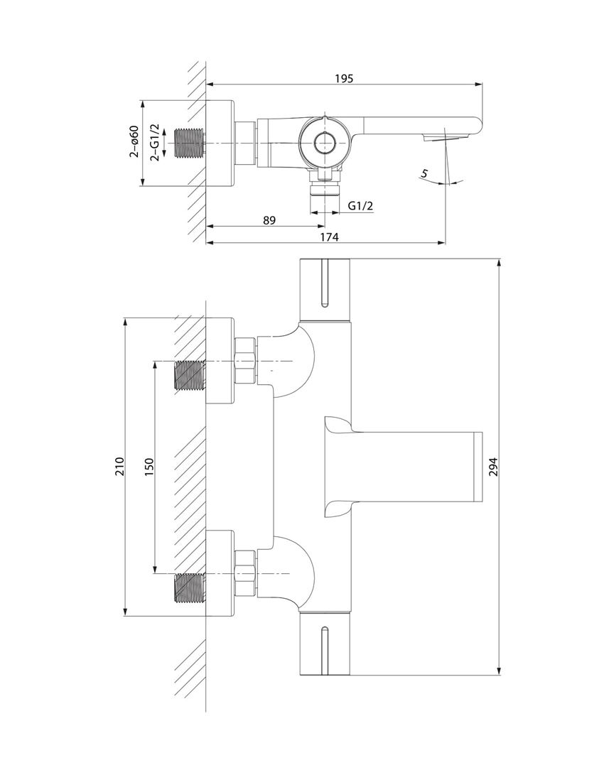 Bateria wannowo-prysznicowa termostatyczna chrom Cersanit Virgo rysunek