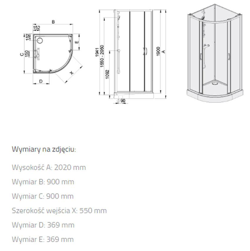 Zestaw prysznicowy Sanplast Basic Complete 602-460-0930-01-4B0 rys techniczny