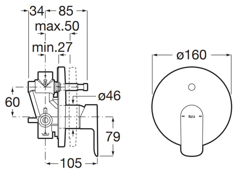 Bateria wannowa podtynkowa Roca Cala A5A066EC00 rys techniczny