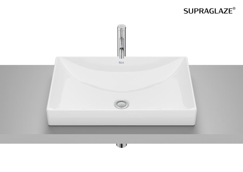 Umywalka blatowa prostokątna bez otworu na baterię z powłoką Superglaze 60 cm biała Roca Ona