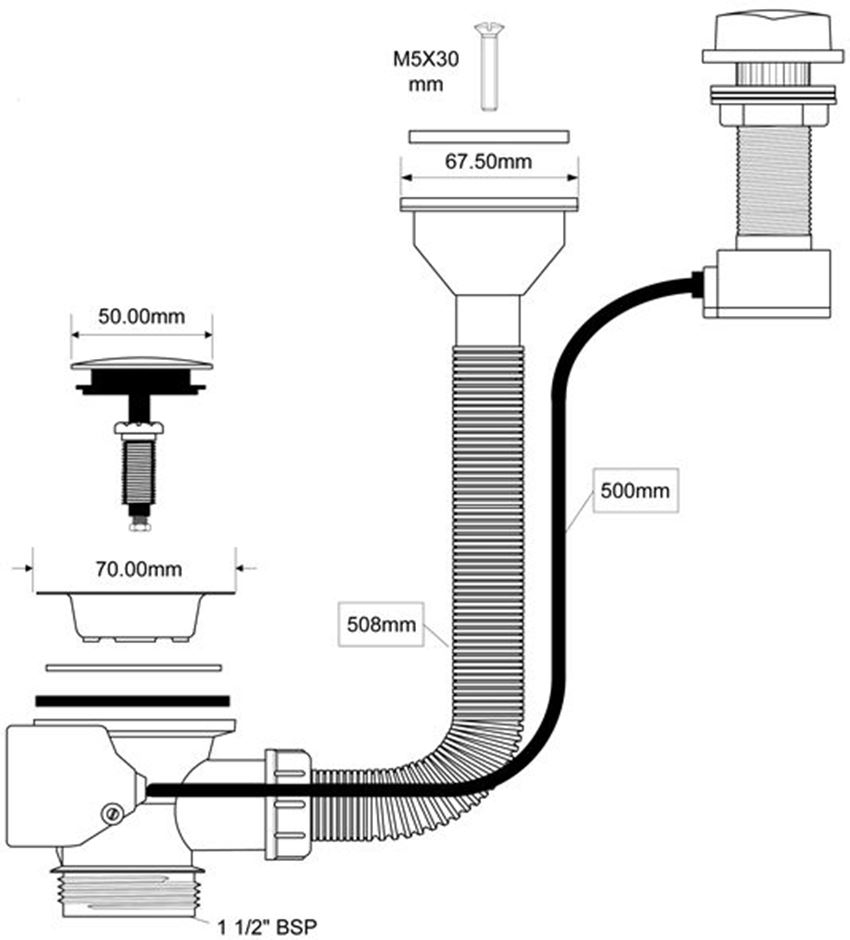 Spust zlewozmywakowy McAlpine rysunek techniczny