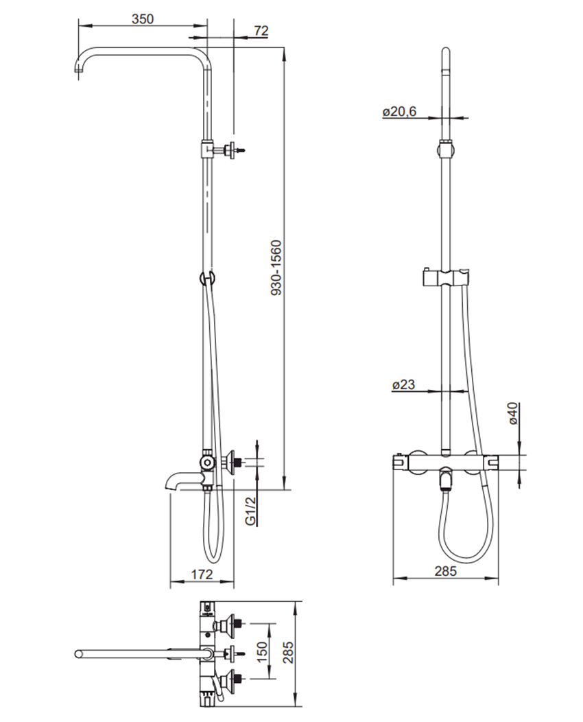 System wannowo-prysznicowy natynkowy termostatyczny Omnires Y rysunek