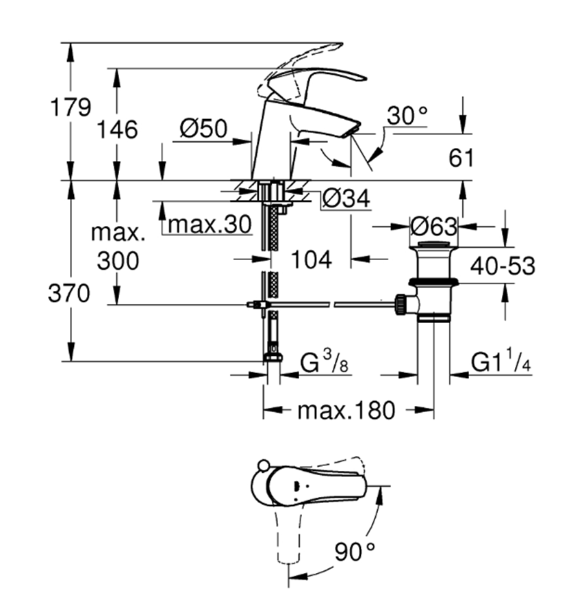 Bateria umywalkowa Grohe Eurosmart 32926002 rys techniczny